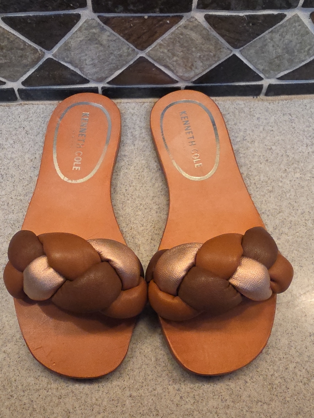 Kenneth Cole Braided Slide Sandals in Brown and Metallic Copper